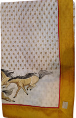 White Designer Pure Cotton Thread Embroidery Printed Sari With Yellow Border Saree