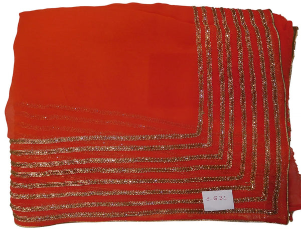 Orange Designer Georgette (Viscos) Hand Embroidery Zari Cutdana Work Saree Sari