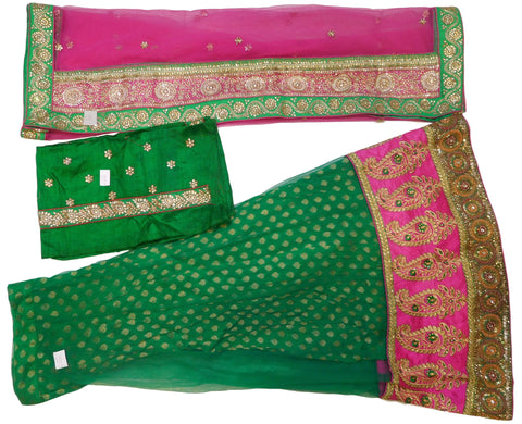 Pink & Green Designer Bridal Hand Embroidery Lahenga Work With Net Dupatta & Silk Blouse