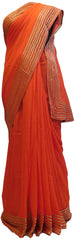 Orange Designer Georgette (Viscos) Hand Embroidery Zari Cutdana Work Saree Sari