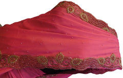 Pink Designer Crepe (Chinon) Hand Embroidery Cutdana Thread Pearl Stone Work Saree Sari