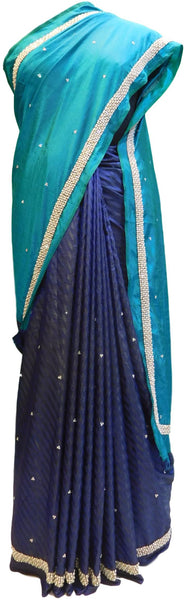 Turquoise & Navy Blue Designer Silk Sari Zari & Pearl Hand Embroidery Work Saree