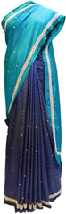 Turquoise & Navy Blue Designer Silk Sari Zari & Pearl Hand Embroidery Work Saree