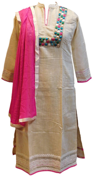 Cream Designer Cotton (Chanderi) Kurti With Dupatta
