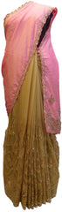 Pink & Beige Designer Silk & Net Hand Embroidery Thread Stone Cutdana Work Saree Sari