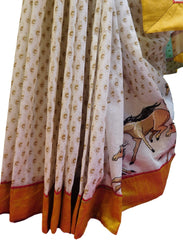 White Designer Pure Cotton Thread Embroidery Printed Sari With Yellow Border Saree