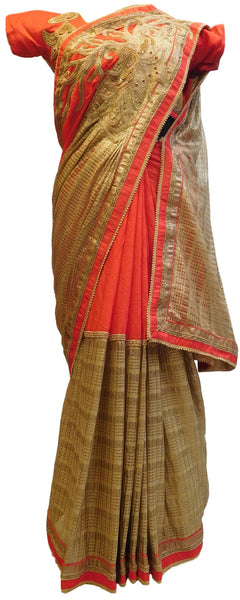 Red & Golden Boutique Style Georgette (Viscos) Hand Embroidery Bullion Sequence Thread Beads Work Saree Sari With Designer Stitched Blouse