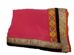 Pink & Orange Designer Georgette Hand Embroidery Work Saree Sari