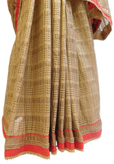 Red & Golden Boutique Style Georgette (Viscos) Hand Embroidery Bullion Sequence Thread Beads Work Saree Sari With Designer Stitched Blouse