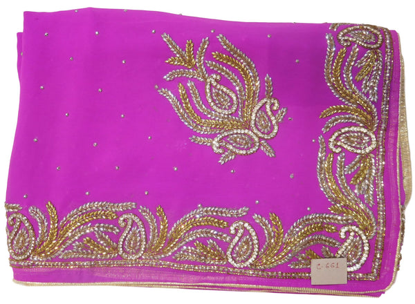 Violet Designer Georgette Hand Embroidery Cutdana Stone Work Saree Sari