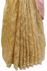 Pink & Beige Designer Silk & Net Hand Embroidery Thread Stone Cutdana Work Saree Sari
