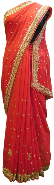 Red Designer Gerogette (Synthetic) Hand Embroidery Stone Border Sari Saree