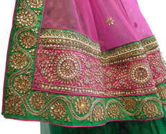 Pink & Green Designer Bridal Hand Embroidery Lahenga Work With Net Dupatta & Silk Blouse