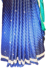 Turquoise & Navy Blue Designer Silk Sari Zari & Pearl Hand Embroidery Work Saree