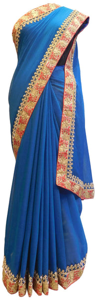 Blue Designer Chiffon Hand Embroidery Zari Stone Thread Work Saree Sari