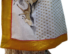 White Designer Pure Cotton Thread Embroidery Printed Sari With Yellow Border Saree