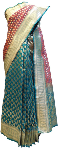 Red & Turquoise Designer Bridal Hand Weaven Pure Benarasi Zari Work Saree Sari With Blouse