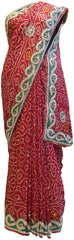 The Show Stopper Red Designer Pure Bhandhej (Bandhani) Hand Embroidery Thread Beads Cutdana Stone Work Saree Sari