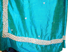 Turquoise & Navy Blue Designer Silk Sari Zari & Pearl Hand Embroidery Work Saree
