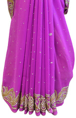Violet Designer Georgette Hand Embroidery Cutdana Stone Work Saree Sari