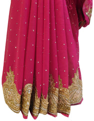 Pink Designer Georgette Hand Embroidery Cutdana Bullion Stone Work Saree Sari