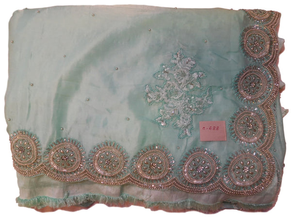 Turquoise Designer Pure Satin Silk Hand Embroidery Pearl Cutdana Thread Stone Sequence Work Saree Sari