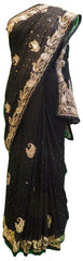 Black Designer Hand Embroidery Stone Work Cutwork Border Georgette Saree Sari