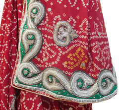 The Show Stopper Red Designer Pure Bhandhej (Bandhani) Hand Embroidery Thread Beads Cutdana Stone Work Saree Sari