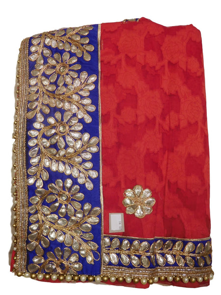 Bollywood Style Red Patola Gota Work Saree With Blue Border & Pearl Lace Sari