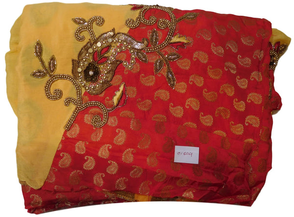 Red & Yellow Designer Georgette (Viscos) Hand Embroidery Work Saree Sari