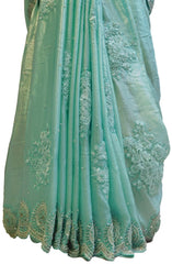 Turquoise Designer Pure Satin Silk Hand Embroidery Pearl Cutdana Thread Stone Sequence Work Saree Sari