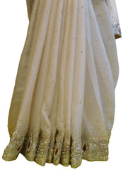 White Designer Crepe (Chinon) Hand Embroidery Cutdana Pearl Beads Thread Stone Work Saree Sari