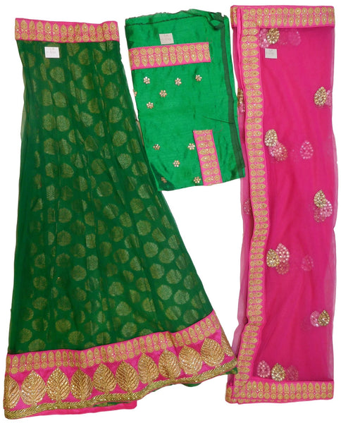 Pink & Green Designer Bridal Hand Embroidery Work Net Lahenga With Net Dupatta & Silk Blouse