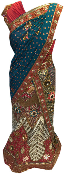 Red & Blue Designer Bridal Pure Georgette Lahenga