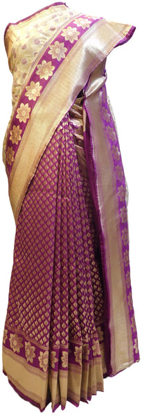 Purple & Cream Designer Bridal Hand Weaven Pure Benarasi Zari Work Saree Sari With Blouse