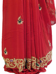 Red Designer Georgette (Viscos) Hand Embroidery Work Saree Sari