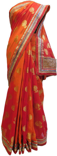 Red & Orange Designer Georgette (Viscos) Hand Embroidery Zari Pearl Stone Work Saree Sari