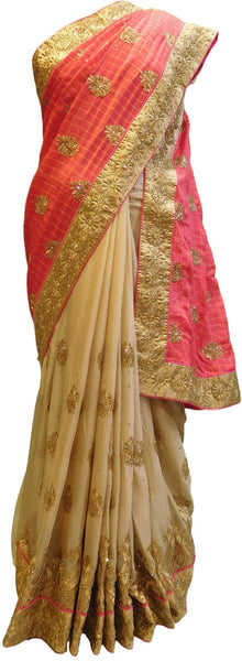 Pink & Cream Designer Bridal Partywear Georgette Zari, Stone, Cutdana & Pearl Hand Embroidery Work Saree Sari