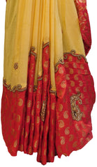 Red & Yellow Designer Georgette (Viscos) Hand Embroidery Work Saree Sari