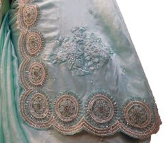Turquoise Designer Pure Satin Silk Hand Embroidery Pearl Cutdana Thread Stone Sequence Work Saree Sari