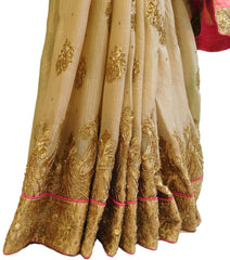 Pink & Cream Designer Bridal Partywear Georgette Zari, Stone, Cutdana & Pearl Hand Embroidery Work Saree Sari