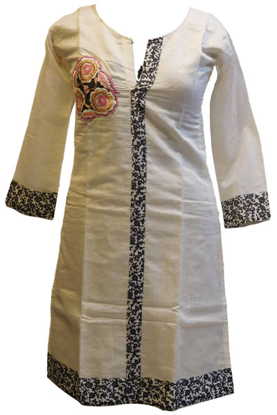 White & Black Designer Cotton (Chanderi) Kurti