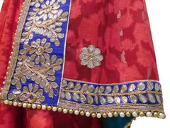 Bollywood Style Red Patola Gota Work Saree With Blue Border & Pearl Lace Sari