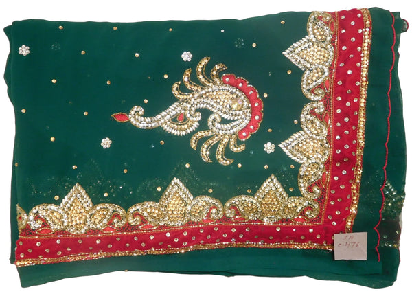 Green Designer Georgette Hand Embroidery Cutdana Thread Stone Work Saree Sari