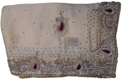 White Designer Crepe (Chinon) Hand Embroidery Cutdana Pearl Beads Thread Stone Work Saree Sari