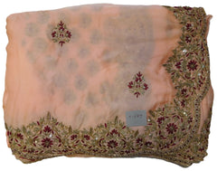 The Show Stopper Peach Designer Pure Satin Silk Hand Embroidery Pearl Cutdana Thread Bullion Sequence Work Saree Sari