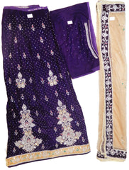 Beige & Purple Designer Bridal Hand Embroidery Work Velvet Lahenga With Net Dupatta & Velvet Blouse