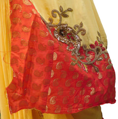 Red & Yellow Designer Georgette (Viscos) Hand Embroidery Work Saree Sari
