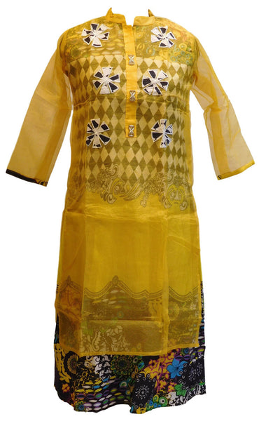 Yellow Designer Cotton (Supernet) Kurti With Attached Skirt