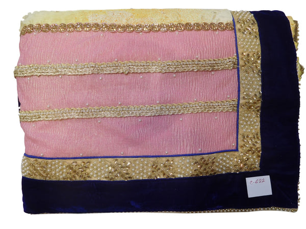 Pink & Yellow Designer Crepe Hand Embroidery Zari Stone Pearl Work Saree Sari